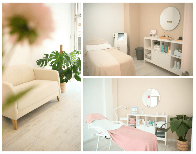 Collage mostrando diferentes áreas de Estética DGlow, incluyendo la recepción y zonas de tratamiento, con un ambiente acogedor.